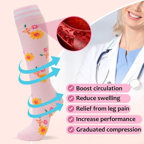 fenglaoda Compression Socks for Women 4 Pairs Knee High Cute Socks for Nurses Pregnancy Travel Flight in Saudi Arabia