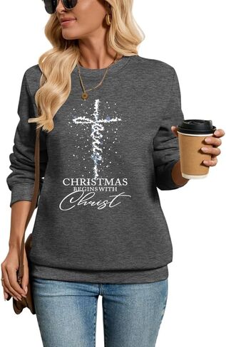 Sweatshirts for Women Christmas Begins with Christ Long Sleeve Shirts Pullover Christian Religious Faith Tops in Saudi Arabia