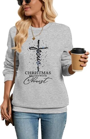 Sweatshirts for Women Christmas Begins with Christ Long Sleeve Shirts Pullover Christian Religious Faith Tops in Saudi Arabia