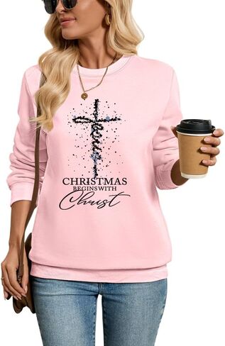 Sweatshirts for Women Christmas Begins with Christ Long Sleeve Shirts Pullover Christian Religious Faith Tops in Saudi Arabia