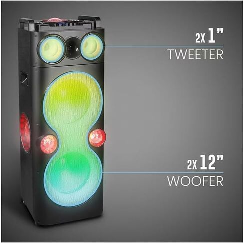 مكبر صوت QFX PBX-1260 مزدوج للحفلات مقاس 12 بوصة مزود ببطارية قابلة لإعادة الشحن ومصابيح LED وميكروفون ومدخل USB وAUX وراديو FM وتحكم ثلاثي الجهير والصدى وعمر البطارية 6-8 ساعات (متجدد) in Saudi Arabia