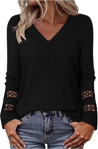V Neck Long Sleeve Shirts for Women Casual Fall Tops Soft Cozy Tunic Sweaters Fashion Clothes Loose Fit 2025 in Saudi Arabia