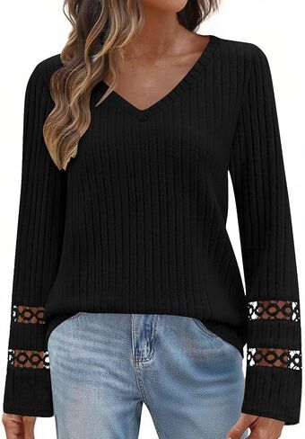 V Neck Long Sleeve Shirts for Women Casual Fall Tops Soft Cozy Tunic Sweaters Fashion Clothes Loose Fit 2025 in Saudi Arabia