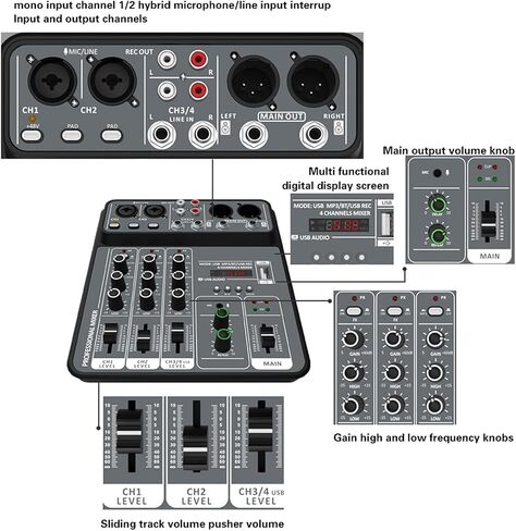Audio Mixer 4 Channel Mixing Console 48V Phantom Power for Home Studio Recording DJ Network Live Broadcast Type-C Power Supply BT MP3 USB Recording Input Portable Sound Mixing Console in Saudi Arabia