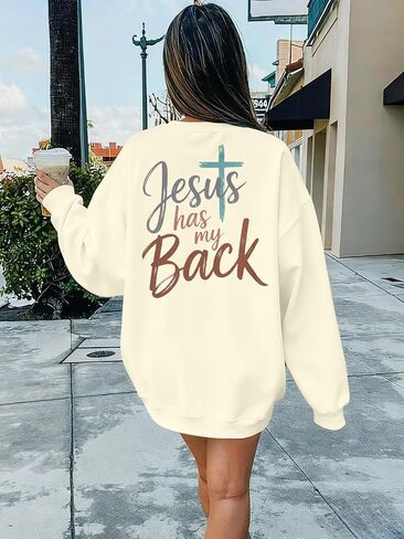 JINTING Women Jesus Sweatshirt Christian Faith Shirt Jesus Has My Back Sweatshirts Bible Verse Inspirational Pullover in Saudi Arabia