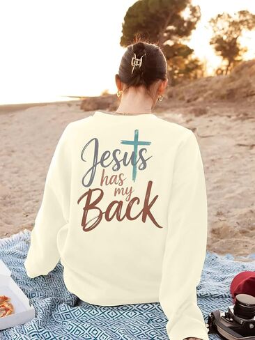 JINTING Women Jesus Sweatshirt Christian Faith Shirt Jesus Has My Back Sweatshirts Bible Verse Inspirational Pullover in Saudi Arabia
