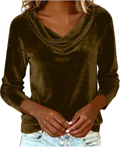 Fall Winter Velvet Tops for Women 2026 Fashion Cowl Neck Shirts Casual Long Sleeve Solid Color Blouses Loose T-Shirts in Saudi Arabia
