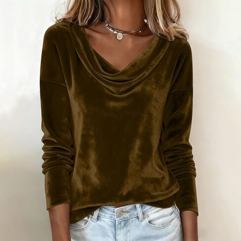Fall Winter Velvet Tops for Women 2026 Fashion Cowl Neck Shirts Casual Long Sleeve Solid Color Blouses Loose T-Shirts in Saudi Arabia