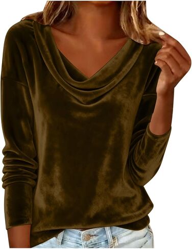 Fall Winter Velvet Tops for Women 2026 Fashion Cowl Neck Shirts Casual Long Sleeve Solid Color Blouses Loose T-Shirts in Saudi Arabia