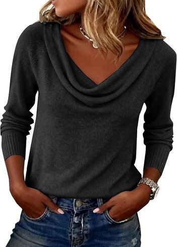 Womens Cowl Neck Cashmere Sweaters Casual Lightweight Long Sleeve Draped V Neck Knit Pullover Fall Winter Jumpers in Saudi Arabia