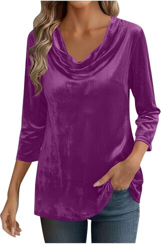 Trendy Velvet Tops for Women 3/4 Sleeve Cowl Neck Shirts Fall Winter Casual Solid Color Blouses Comfy Loose Fit Tees in Saudi Arabia