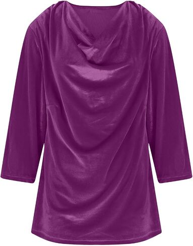 Trendy Velvet Tops for Women 3/4 Sleeve Cowl Neck Shirts Fall Winter Casual Solid Color Blouses Comfy Loose Fit Tees in Saudi Arabia