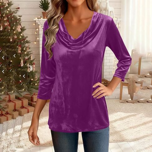 Trendy Velvet Tops for Women 3/4 Sleeve Cowl Neck Shirts Fall Winter Casual Solid Color Blouses Comfy Loose Fit Tees in Saudi Arabia