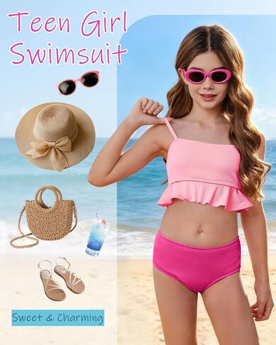 Century Star Cute Swimsuits for Teen Girls Bikini 2 Pieces Adjustable Strap Bathing Suits Ruffled Swimwear 7-14 Years in Saudi Arabia