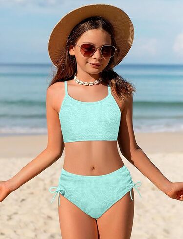 الفتيات ملابس السباحة بلون قابل للتعديل السباغيتي الأشرطة الرباط قطعتين مجموعة البكيني الفتيات ثوب السباحة ل 9-16Y in Kuwait