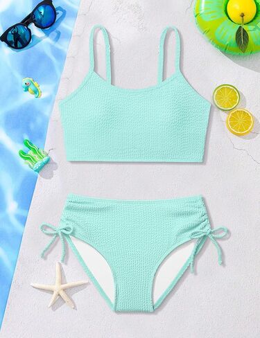 الفتيات ملابس السباحة بلون قابل للتعديل السباغيتي الأشرطة الرباط قطعتين مجموعة البكيني الفتيات ثوب السباحة ل 9-16Y in Kuwait