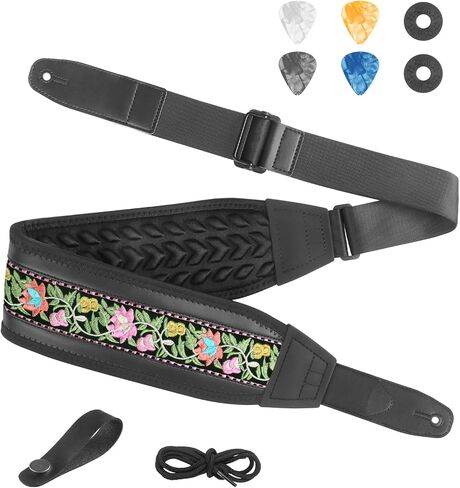 Guitar Bass Strap, Embroidered Electric Guitar Strap, Double Adjustable Buckle, Length Adjustable from 49" to 63", Equipped with 3" 3D Foam Padding, Suitable for Taller Guitarists, Smooth Brown. in Saudi Arabia