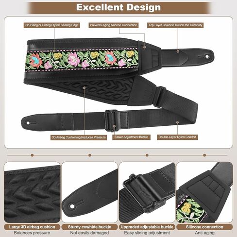 Guitar Bass Strap, Embroidered Electric Guitar Strap, Double Adjustable Buckle, Length Adjustable from 49" to 63", Equipped with 3" 3D Foam Padding, Suitable for Taller Guitarists, Smooth Brown. in Saudi Arabia