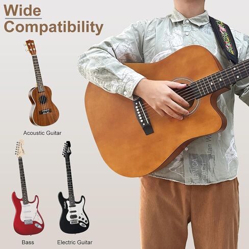 Guitar Bass Strap, Embroidered Electric Guitar Strap, Double Adjustable Buckle, Length Adjustable from 49" to 63", Equipped with 3" 3D Foam Padding, Suitable for Taller Guitarists, Smooth Brown. in Saudi Arabia