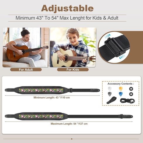 Guitar Bass Strap, Embroidered Electric Guitar Strap, Double Adjustable Buckle, Length Adjustable from 49" to 63", Equipped with 3" 3D Foam Padding, Suitable for Taller Guitarists, Smooth Brown. in Saudi Arabia