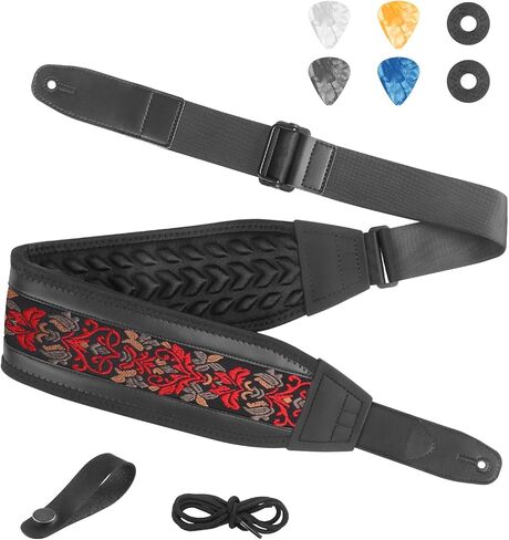 Guitar Bass Strap, Embroidered Electric Guitar Strap, Double Adjustable Buckle, Length Adjustable from 49" to 63", Equipped with 3" 3D Foam Padding, Suitable for Taller Guitarists, Smooth Brown. in Saudi Arabia