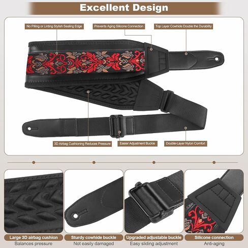 Guitar Bass Strap, Embroidered Electric Guitar Strap, Double Adjustable Buckle, Length Adjustable from 49" to 63", Equipped with 3" 3D Foam Padding, Suitable for Taller Guitarists, Smooth Brown. in Saudi Arabia