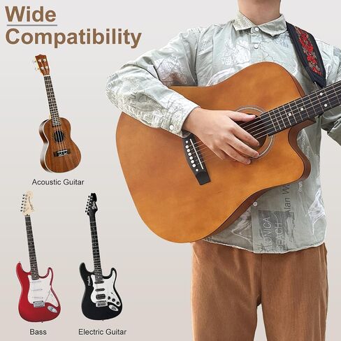 Guitar Bass Strap, Embroidered Electric Guitar Strap, Double Adjustable Buckle, Length Adjustable from 49" to 63", Equipped with 3" 3D Foam Padding, Suitable for Taller Guitarists, Smooth Brown. in Saudi Arabia