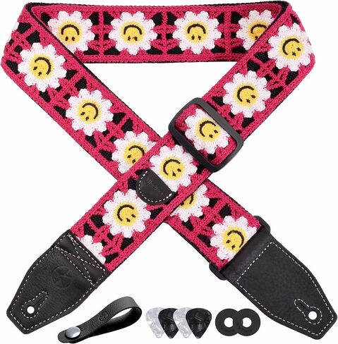 Guitar Strap, 2 inch Smiley Flower Knit Guitar Straps with Full Grain Leather End, for Bass Electric and Acoustic Guitars, Free Button, Locks and Picks-Purple in Kuwait