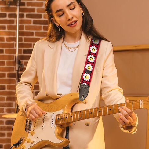 Guitar Strap, 2 inch Smiley Flower Knit Guitar Straps with Full Grain Leather End, for Bass Electric and Acoustic Guitars, Free Button, Locks and Picks-Purple in Kuwait