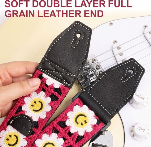Guitar Strap, 2 inch Smiley Flower Knit Guitar Straps with Full Grain Leather End, for Bass Electric and Acoustic Guitars, Free Button, Locks and Picks-Purple in Kuwait