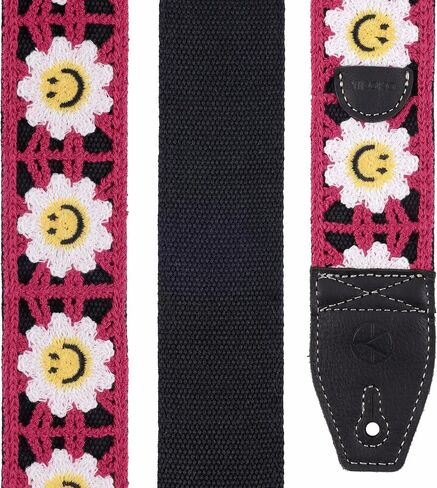 Guitar Strap, 2 inch Smiley Flower Knit Guitar Straps with Full Grain Leather End, for Bass Electric and Acoustic Guitars, Free Button, Locks and Picks-Purple in Kuwait