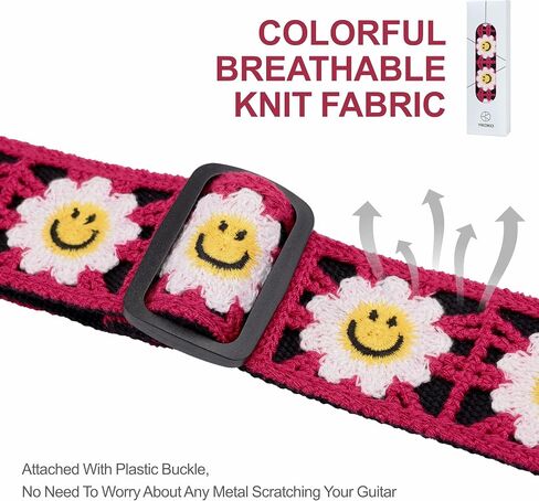Guitar Strap, 2 inch Smiley Flower Knit Guitar Straps with Full Grain Leather End, for Bass Electric and Acoustic Guitars, Free Button, Locks and Picks-Purple in Kuwait
