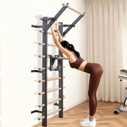 PreGymnastic Stall Bars, Swedish Ladder for Adult and Kids, Wall Bar with Wood Rods, Durable Steel Frame, Adjustable Pull Up and Dip for Strength, Flexibility at Home Gym, Studio, Fitness Center in Saudi Arabia