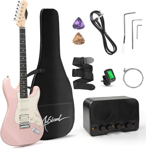 Musicool 39 Inch Electric Guitar Starter Kit– HSS Pickups Solid Body Electric Guitar Includes Amplifier, Bag, Digital Tuner, Strap, String, Cable, Picks, Beginner Gift（Pink ） in Kuwait
