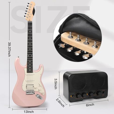 Musicool 39 Inch Electric Guitar Starter Kit– HSS Pickups Solid Body Electric Guitar Includes Amplifier, Bag, Digital Tuner, Strap, String, Cable, Picks, Beginner Gift（Pink ） in Kuwait