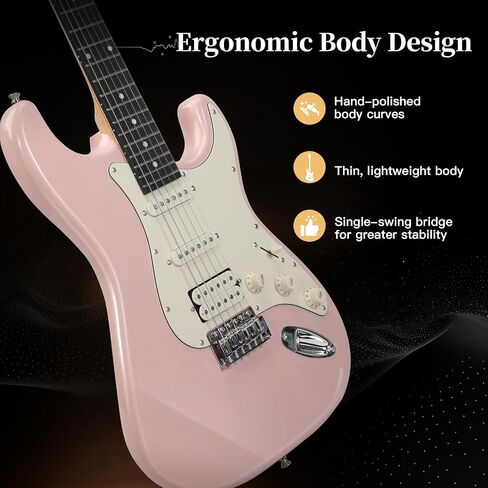 Musicool 39 Inch Electric Guitar Starter Kit– HSS Pickups Solid Body Electric Guitar Includes Amplifier, Bag, Digital Tuner, Strap, String, Cable, Picks, Beginner Gift（Pink ） in Kuwait