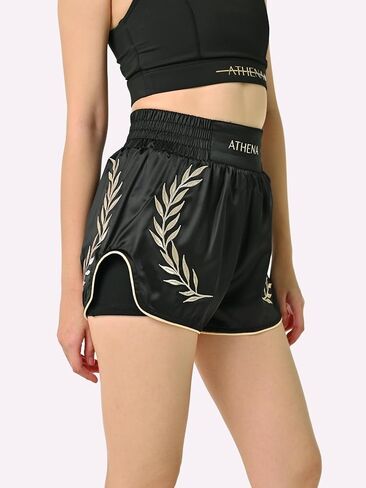 شورت أثينا Muay Thai باللون الأسود والذهبي للسيدات مع لباس ضيق مضغوط آمن. تدريب المواي تاي كيك بوكسينغ in Kuwait