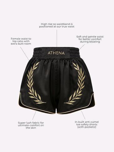 شورت أثينا Muay Thai باللون الأسود والذهبي للسيدات مع لباس ضيق مضغوط آمن. تدريب المواي تاي كيك بوكسينغ in Kuwait