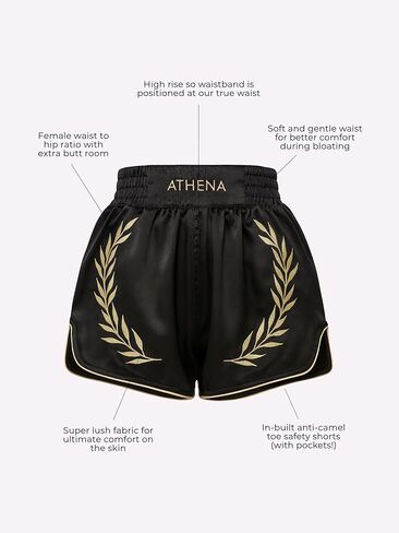 شورت أثينا Muay Thai باللون الأسود والذهبي للسيدات مع لباس ضيق مضغوط آمن. تدريب المواي تاي كيك بوكسينغ in Kuwait
