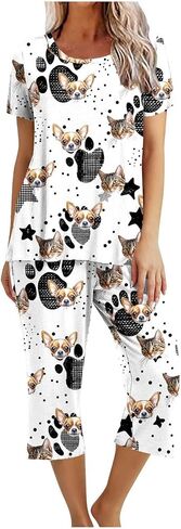Personalized Pajamas for Women 2 Images Custom Photo Dog Cat Paw Pajama Set Short Sleeve Capri Pjs with Pockets in Saudi Arabia
