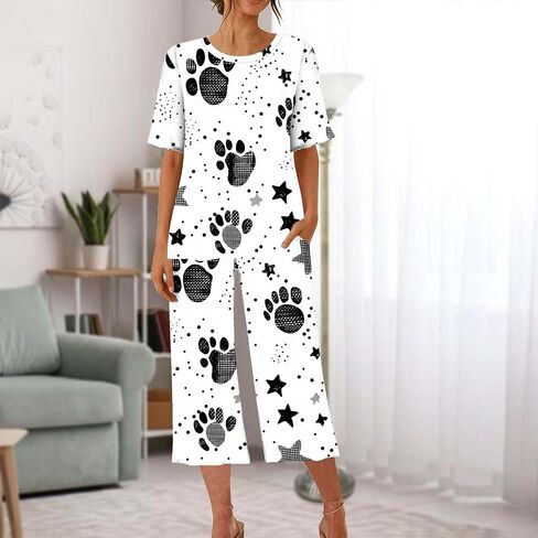 Personalized Pajamas for Women 2 Images Custom Photo Dog Cat Paw Pajama Set Short Sleeve Capri Pjs with Pockets in Saudi Arabia