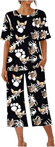 Womens Personalized Pet Faces Photo Pajamas Short Sleeve Capri Pajama Set Summer Cute Custom Pjs with Pockets in Saudi Arabia