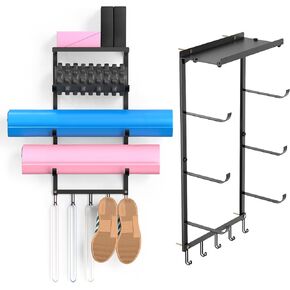 منظم سجادة اليوجا مثبت على الحائط، رف تخزين حديدي خفيف الوزن موفر للمساحة مع 3 طبقات لسجادات اليوجا، وبكرات إسفنجية، و5 خطافات لأشرطة المقاومة والإكسسوارات، مثالي للمبتدئين in Kuwait