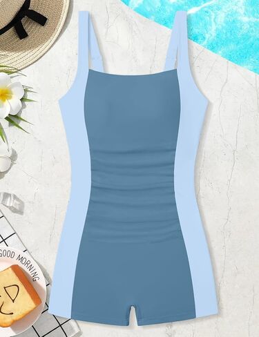 Girls Swimsuit One Piece Swimsuits Color Block Bathing Suit for Teens Ruched Swimwear with Padded 9-16Y Boy Shorts in Saudi Arabia
