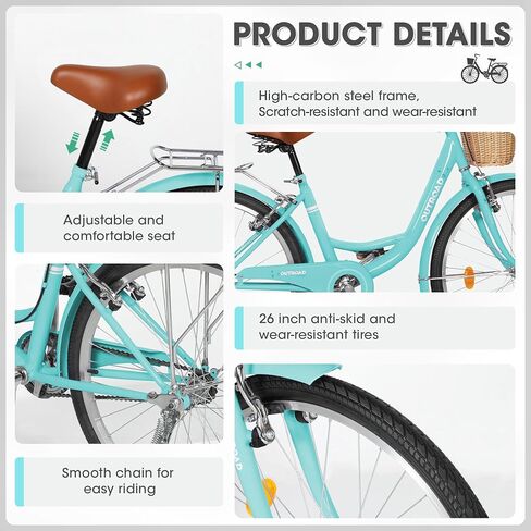 Beach Cruiser Bike for Women and Men, 24 26 inch Female Commuter Bicycle with Basket, 1 Speed Womens Bike with Rear Rack/High-Carbon Steel/Front & Rear Fenders, Multi Color in Kuwait