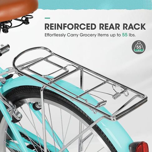 Beach Cruiser Bike for Women and Men, 24 26 inch Female Commuter Bicycle with Basket, 1 Speed Womens Bike with Rear Rack/High-Carbon Steel/Front & Rear Fenders, Multi Color in Kuwait