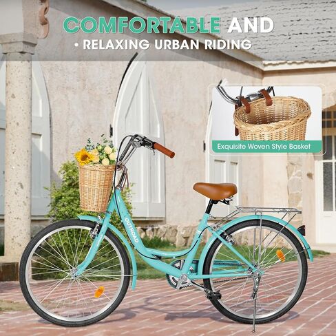 Beach Cruiser Bike for Women and Men, 24 26 inch Female Commuter Bicycle with Basket, 1 Speed Womens Bike with Rear Rack/High-Carbon Steel/Front & Rear Fenders, Multi Color in Kuwait