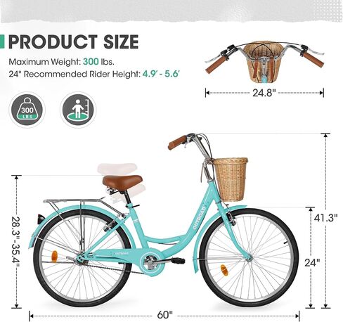 Beach Cruiser Bike for Women and Men, 24 26 inch Female Commuter Bicycle with Basket, 1 Speed Womens Bike with Rear Rack/High-Carbon Steel/Front & Rear Fenders, Multi Color in Kuwait