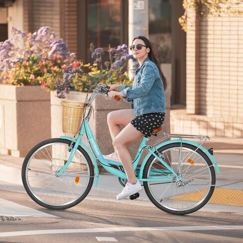 Beach Cruiser Bike for Women and Men, 24 26 inch Female Commuter Bicycle with Basket, 1 Speed Womens Bike with Rear Rack/High-Carbon Steel/Front & Rear Fenders, Multi Color in Kuwait