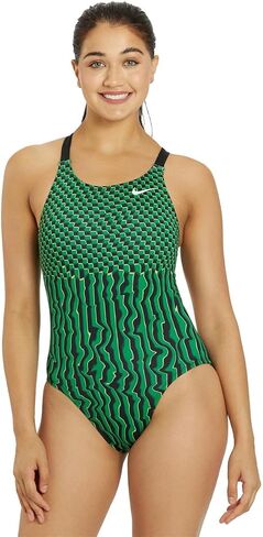 بدلة سباحة نسائية من Nike Drippy Check Fastback قطعة واحدة باللون الأخضر، 28 in Saudi Arabia